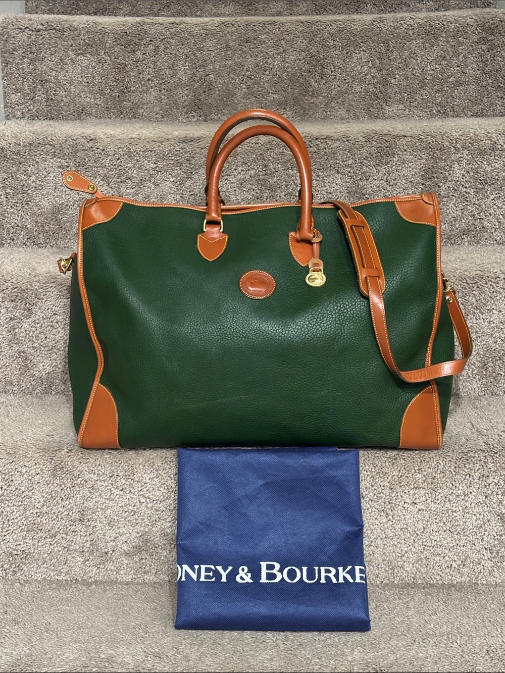 Rare Vintage Dooney & Bourke Fir Green and Tan Leather Weekender
